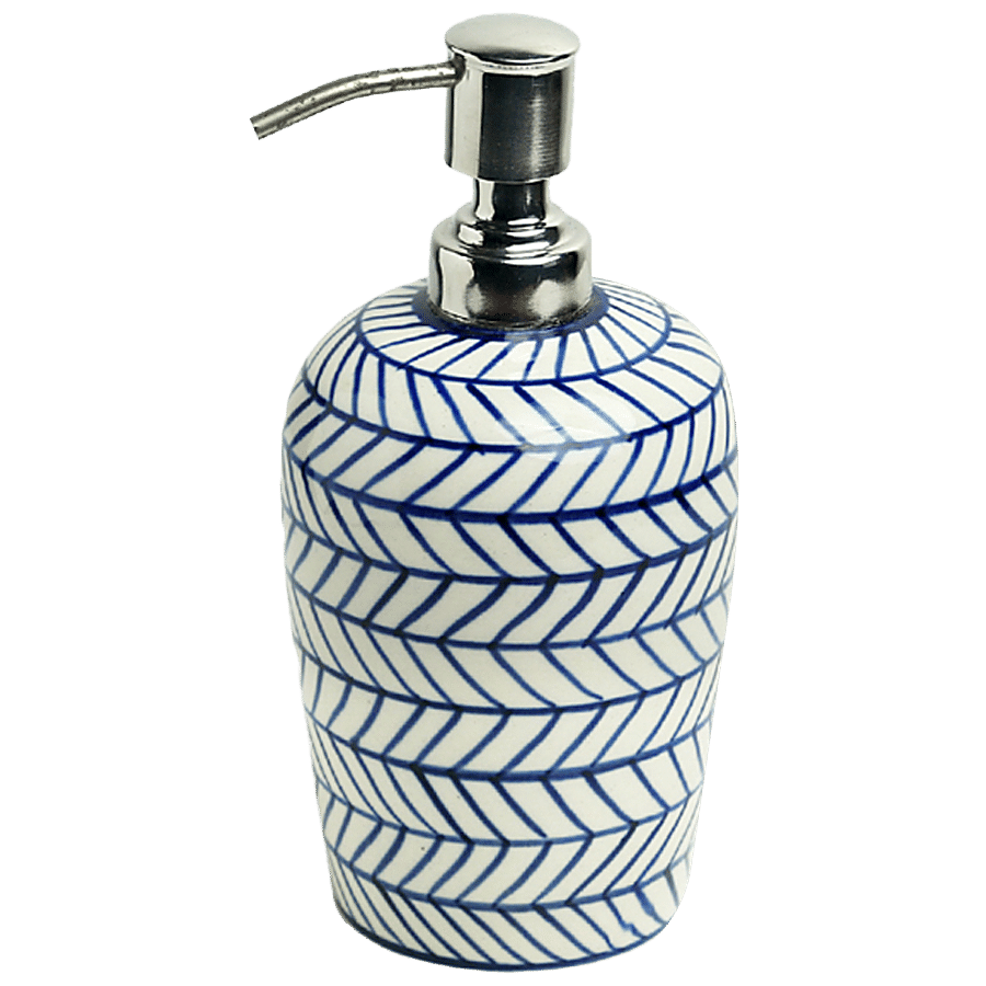 ExclusiveLane Indigo Chevron Hand-Painted Ceramic Lotion/Liquid Soap Dispenser - Elegant Design