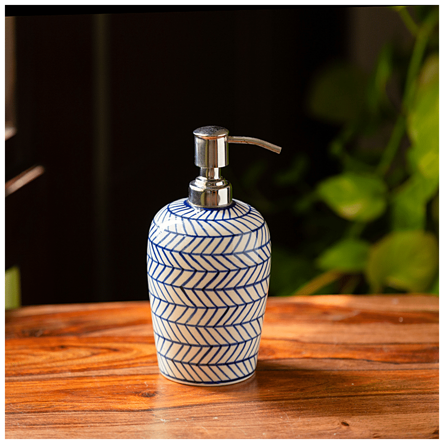 ExclusiveLane Indigo Chevron Hand-Painted Ceramic Lotion/Liquid Soap Dispenser - Elegant Design