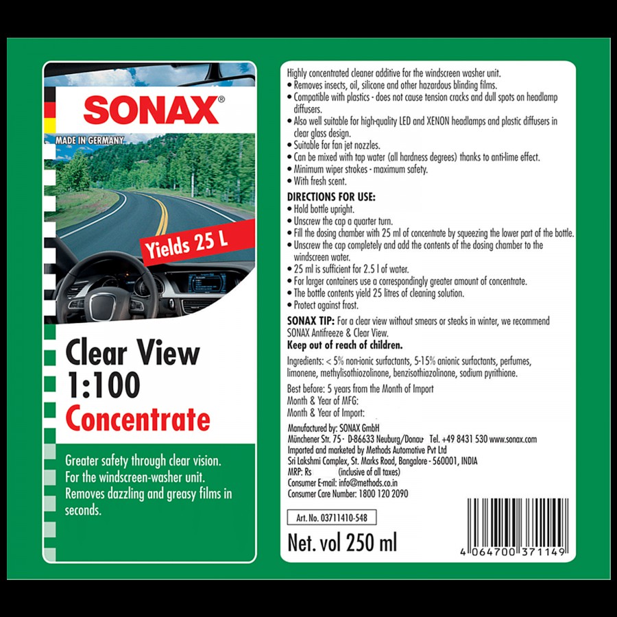 Sonax  Clear View 1:100 Windscreen Washer - Removes Tough Stains & Dirt