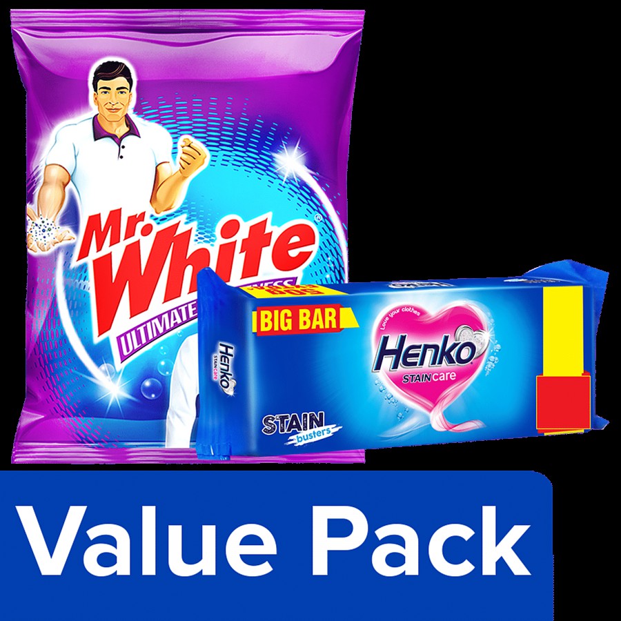 bb Combo Henko Detergent Bar - Stain Care 250 gm + Mr. White Detergent Powder 1 kg Pouch