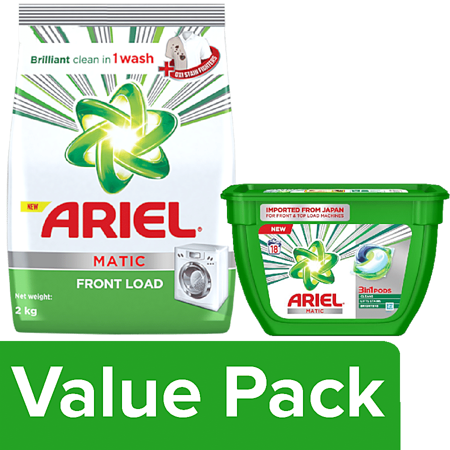 Ariel Detergent Washing Powder-Matic Front Load 2kg + Matic 3-in-1 PODs Detergent 357g