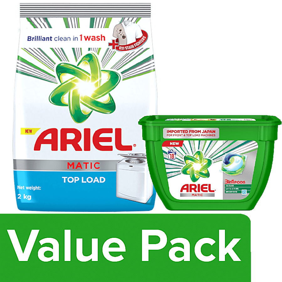 Ariel Detergent Washing Powder-Matic Top Load 2kg + Matic 3-in-1 PODs Detergent 357g