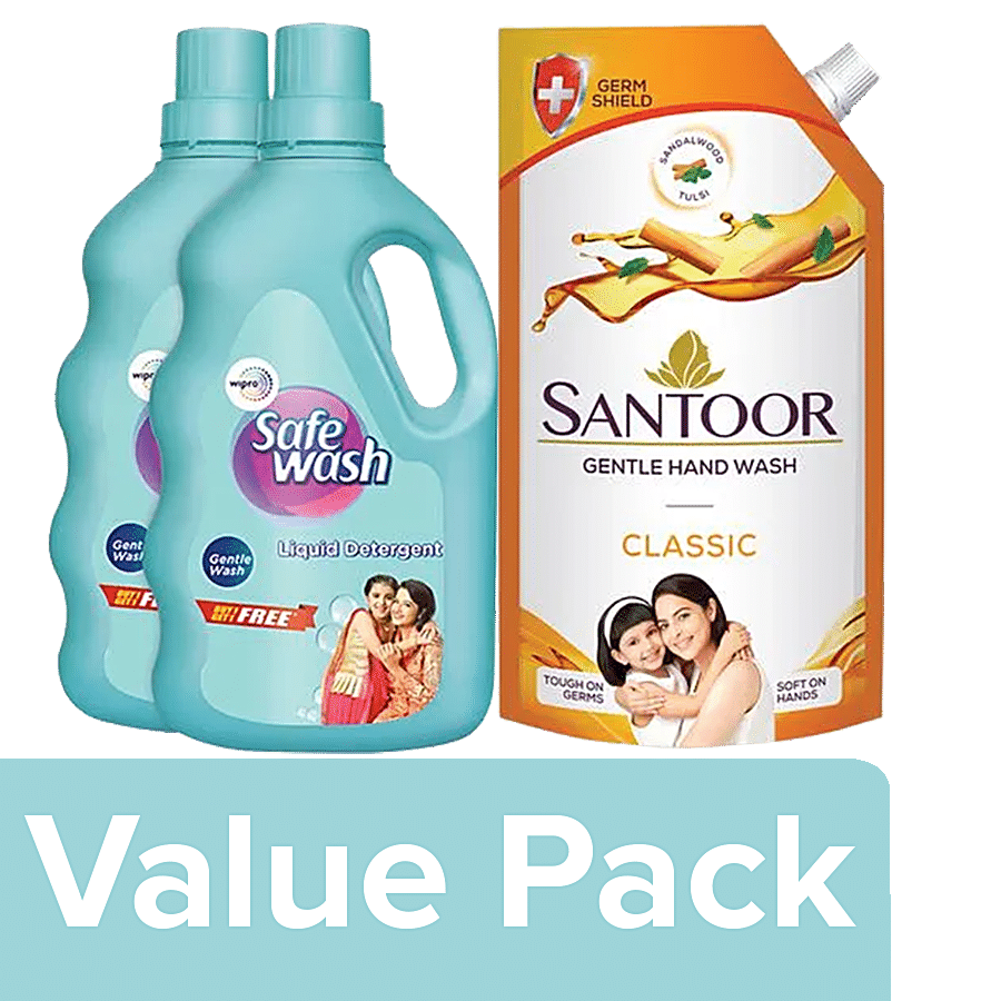 bb Combo Safewash Liquid Detergent 1 kg (Get 1kg Free) + Santoor Handwash Classic 750 ml