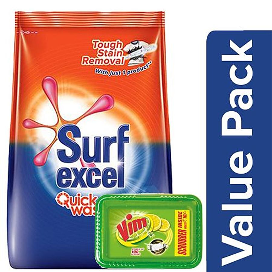 bb Combo Surf Excel Quick Wash Detergent Powder 1 kg + Vim Dishwash Bar - Lemon 500 gm