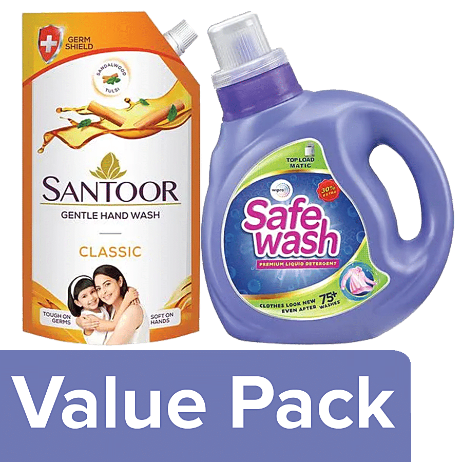 bb Combo Wipro Safewash Matic TopLoad Liquid Detergent 1kg+Santoor Handwash Classic 750ml