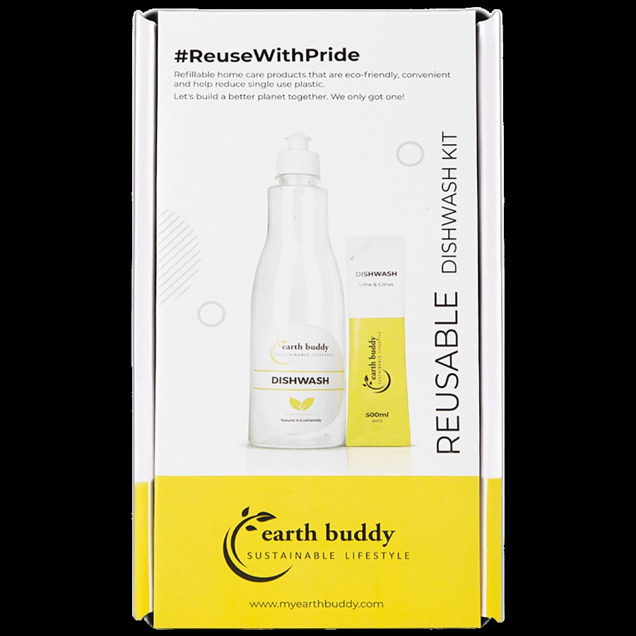 Earth Buddy Dishwash Starter Kit - Lime & Citrus Sachet With Reusable Bottle