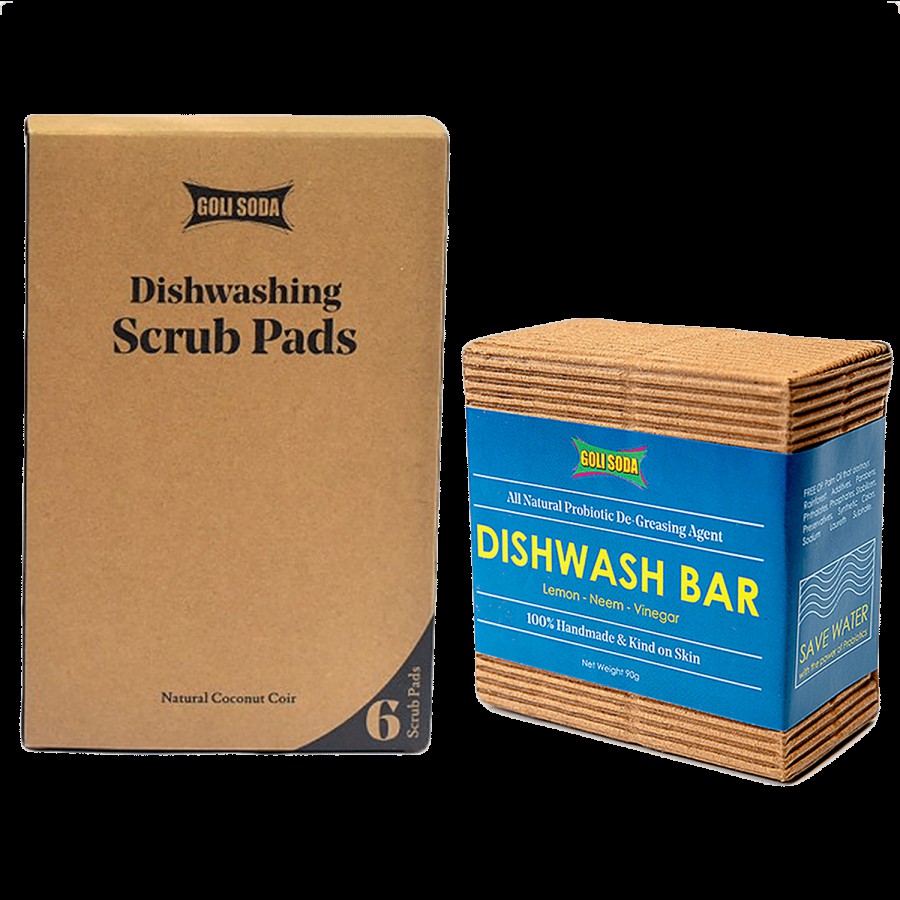 Goli Soda Natural Coconut Coir Scrub & Probiotic Dishwash Bar - Exclusive Combo