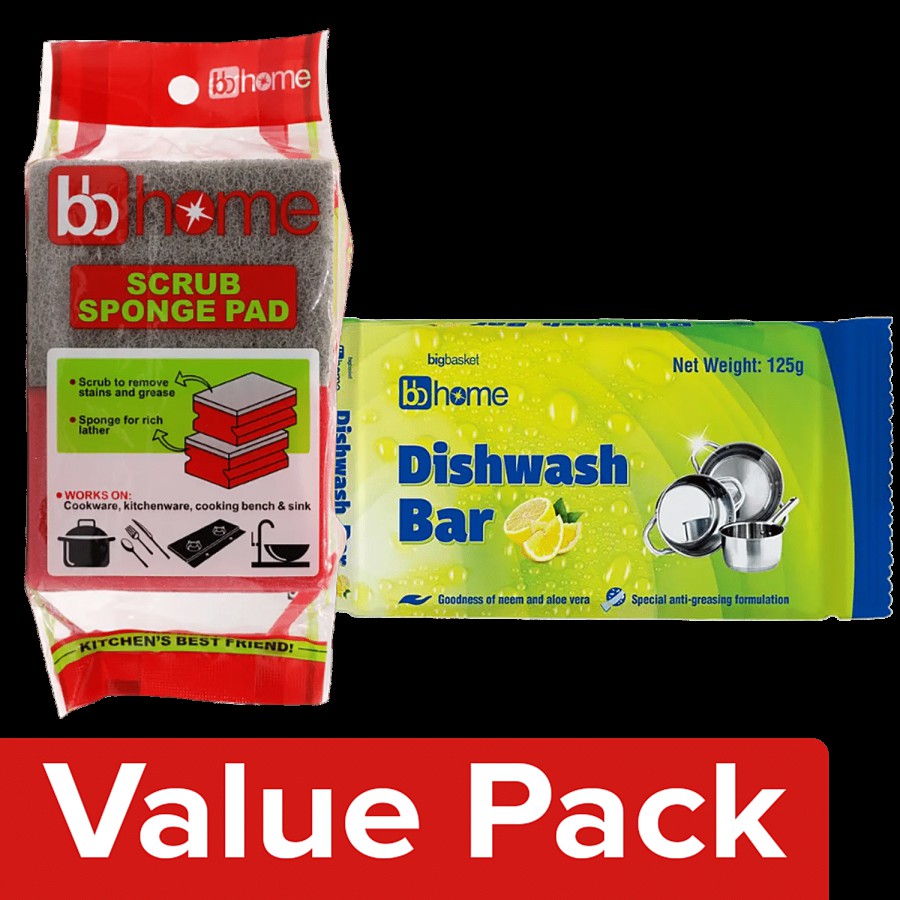 bb home Dishwash Bar-Lemon 125 g Poly pack + Scrub Pad 2 pcs