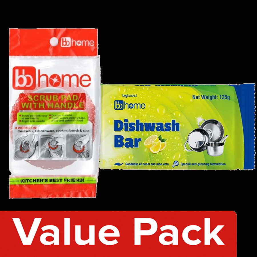 bb home Dishwash Bar-Lemon 125 g Poly pack + Scrub Pad With Handle 1 pc