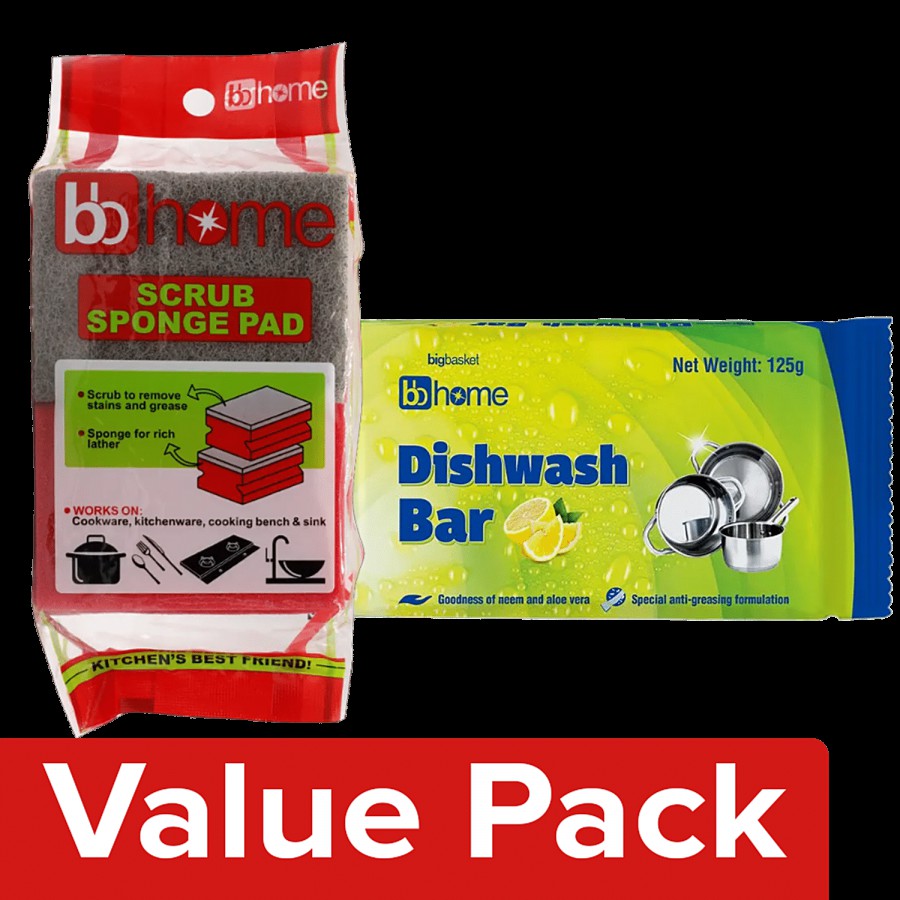 bb home Dishwash Bar-Lemon 125 g Poly pack + Scrub Sponge Pad 2 pcs