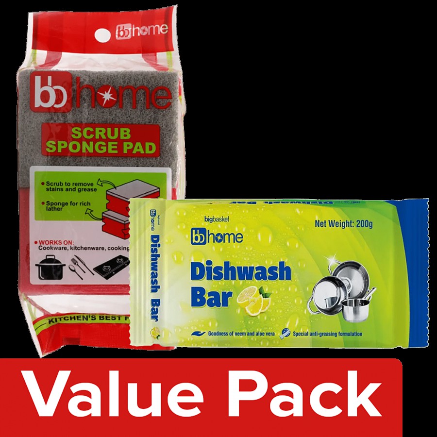 bb home Dishwash Bar-Lemon 200 g Poly pack + Scrub Pad 2 pcs