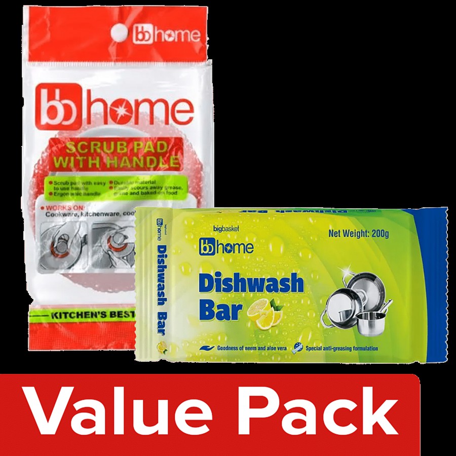 bb home Dishwash Bar-Lemon 200 g Poly pack + Scrub Pad With Handle 1 pc