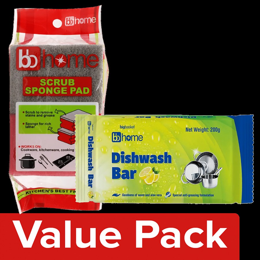 bb home Dishwash Bar-Lemon 200 g Poly pack + Scrub Sponge Pad 2 pcs