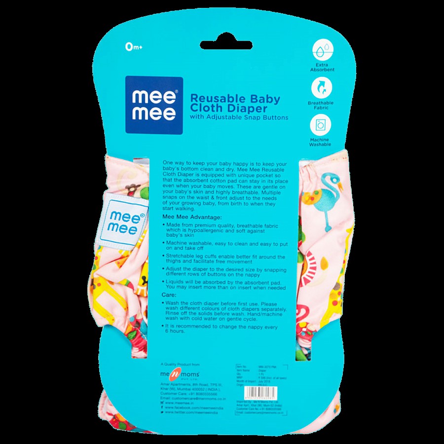 Mee Mee Reusable Baby Cloth Diaper With Adjustable Snap Buttons - Pink