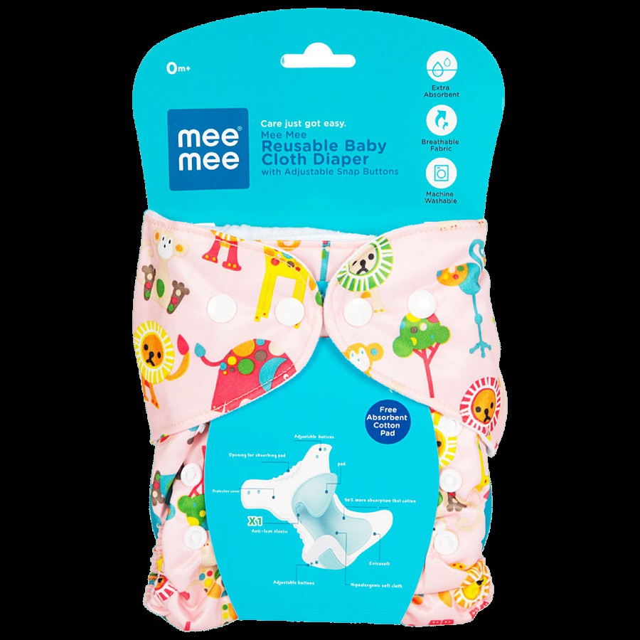 Mee Mee Reusable Baby Cloth Diaper With Adjustable Snap Buttons - Pink