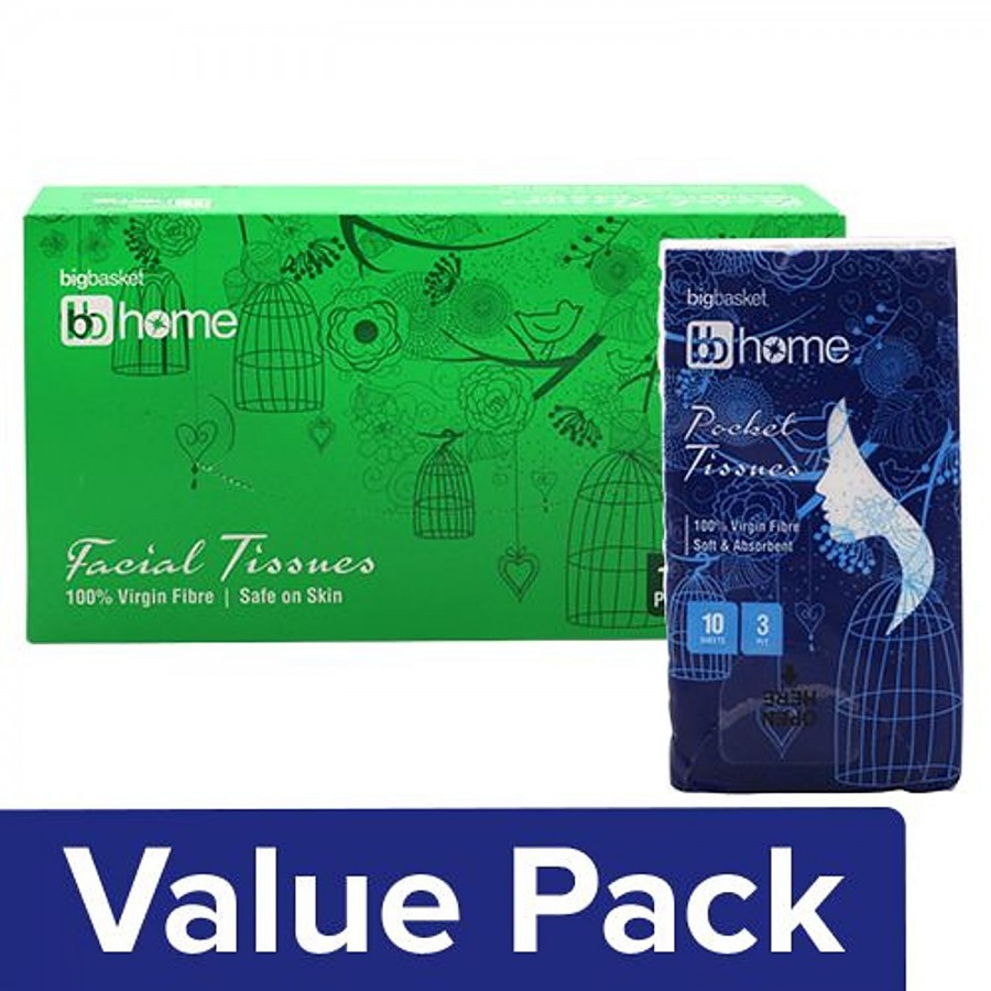 bb home Pocket Tissue - 3 Ply 10 Sheets Pack of 6 + Facial Tissues - 2 Ply 100 Pulls