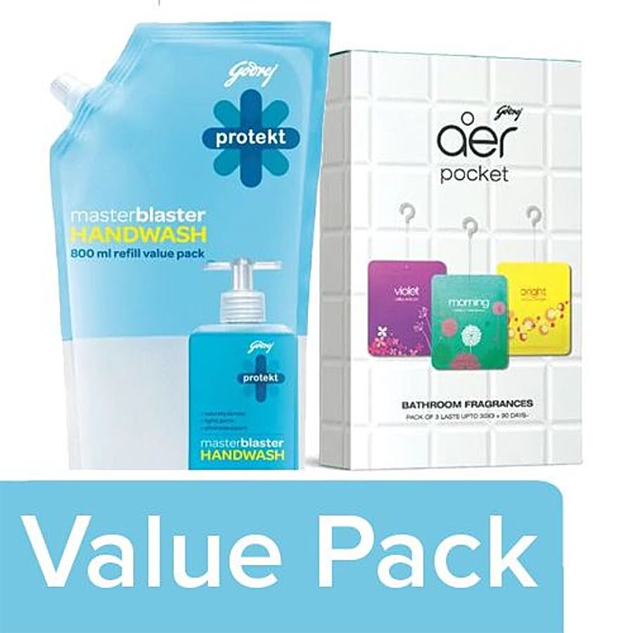 Godrej Aer Pocket Bathroom Freshener 30g Pack of 3 + Hand Wash - Masterblaster 725ml