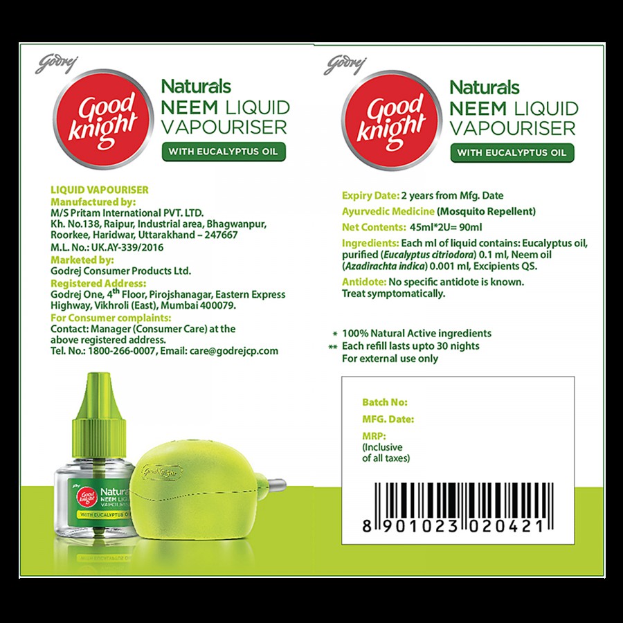 Good Knight Naturals Neem Liquid Vaporiser Mosquito Repellent - With Eucalyptus Oil