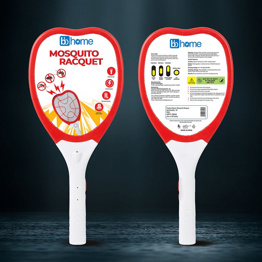 bb home Anti Mosquito Racquet - Rechargeable Insect Killer Bat With LED Light