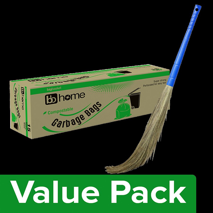 bb home Premium Soft Grass Broom 1pc + Garbage Bags - Compostable