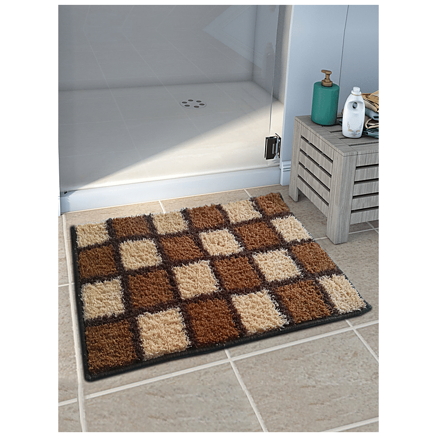 Athom Living Anti Slip Bath/Door/Floor Mat - Micro Designer Brown Blocks