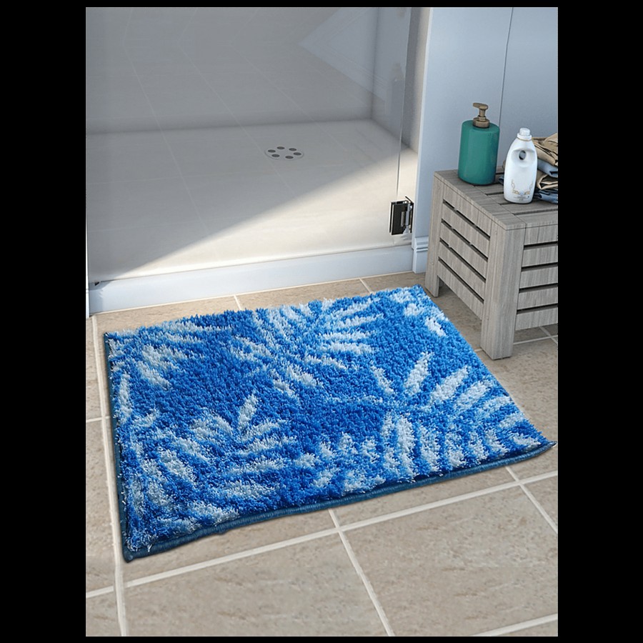 Athom Living Anti Slip Bath/Door/Floor Mat - Micro Designer Blue Leaf