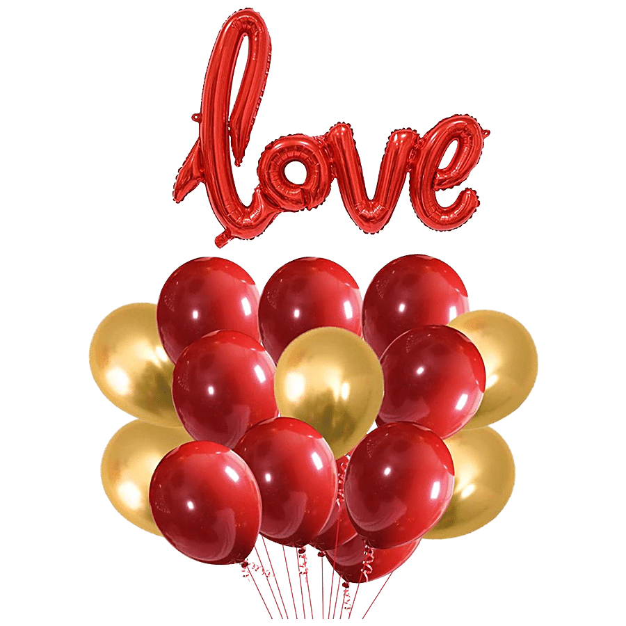 Party Propz Anniversary Combo - Red & Gold Metallic Balloons & Love Foil Balloon