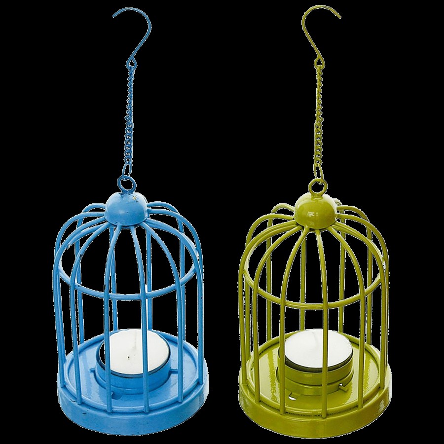 eCraftIndia Blue & Green Cage Tea Light Holder With Hanging Chain