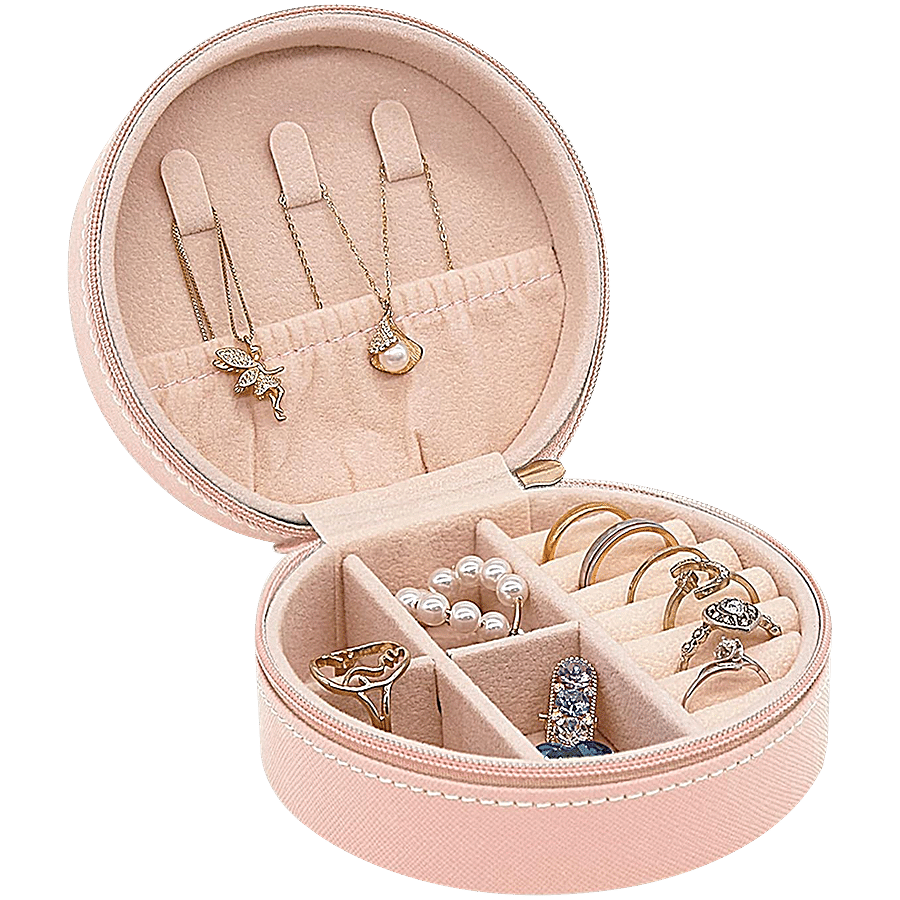 Pearl Fiesta Mini Round Jewellery Box Organizer/Portable Storage Box - Leather Zipper