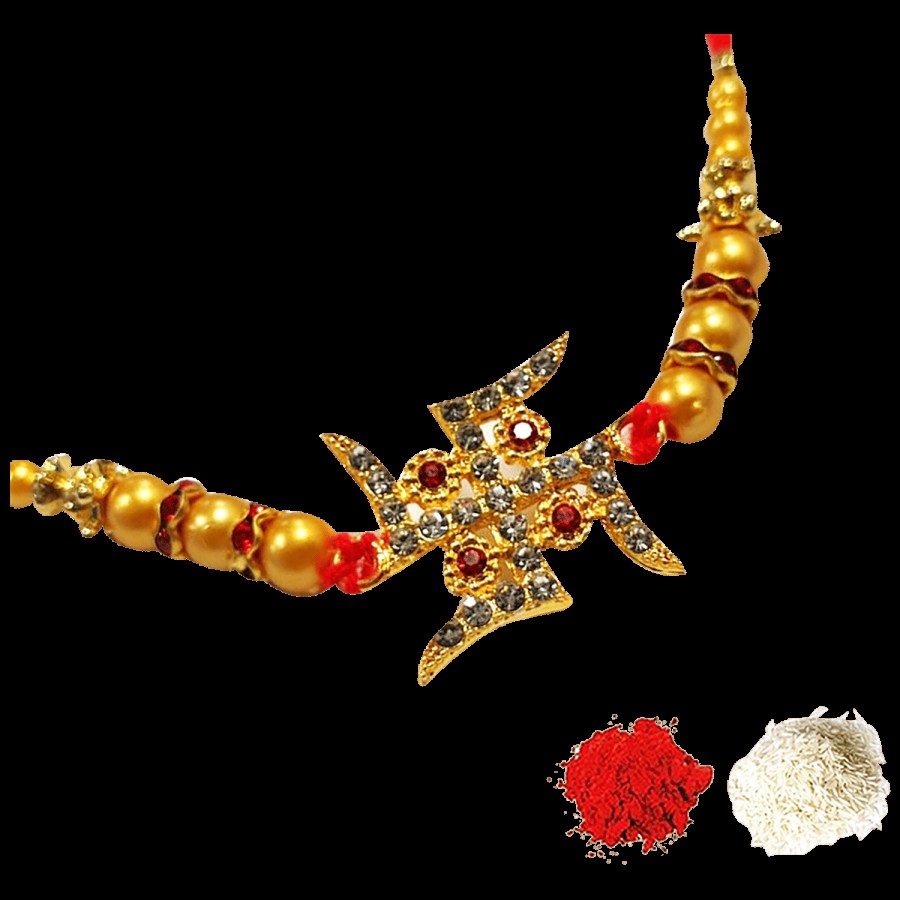 Creative Space Swastik Gold Stone Rakhi With Tika Set