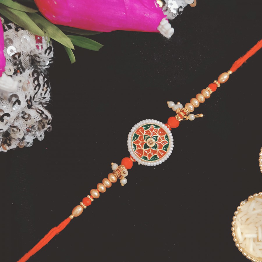 House of Festivals Designer Rakhi - With Circular Pendant & White Moti Beads