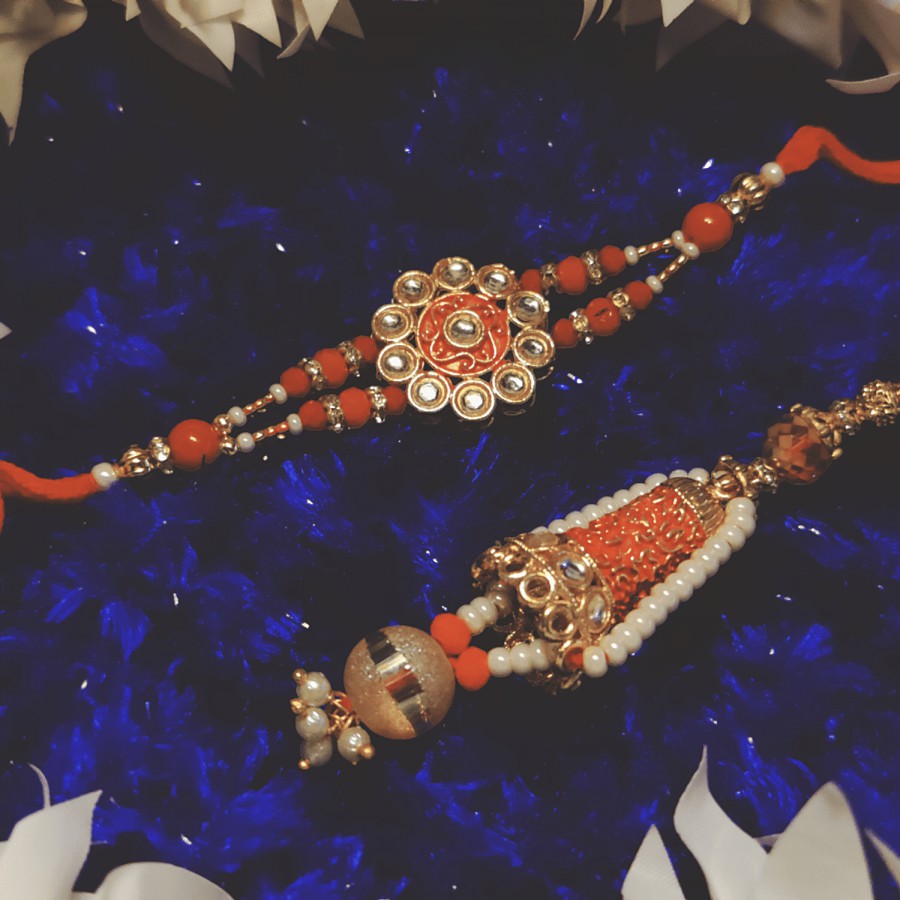 House of Festivals Premium Kundan Work Pair Rakhi - For Bhaiya/Bhabhi