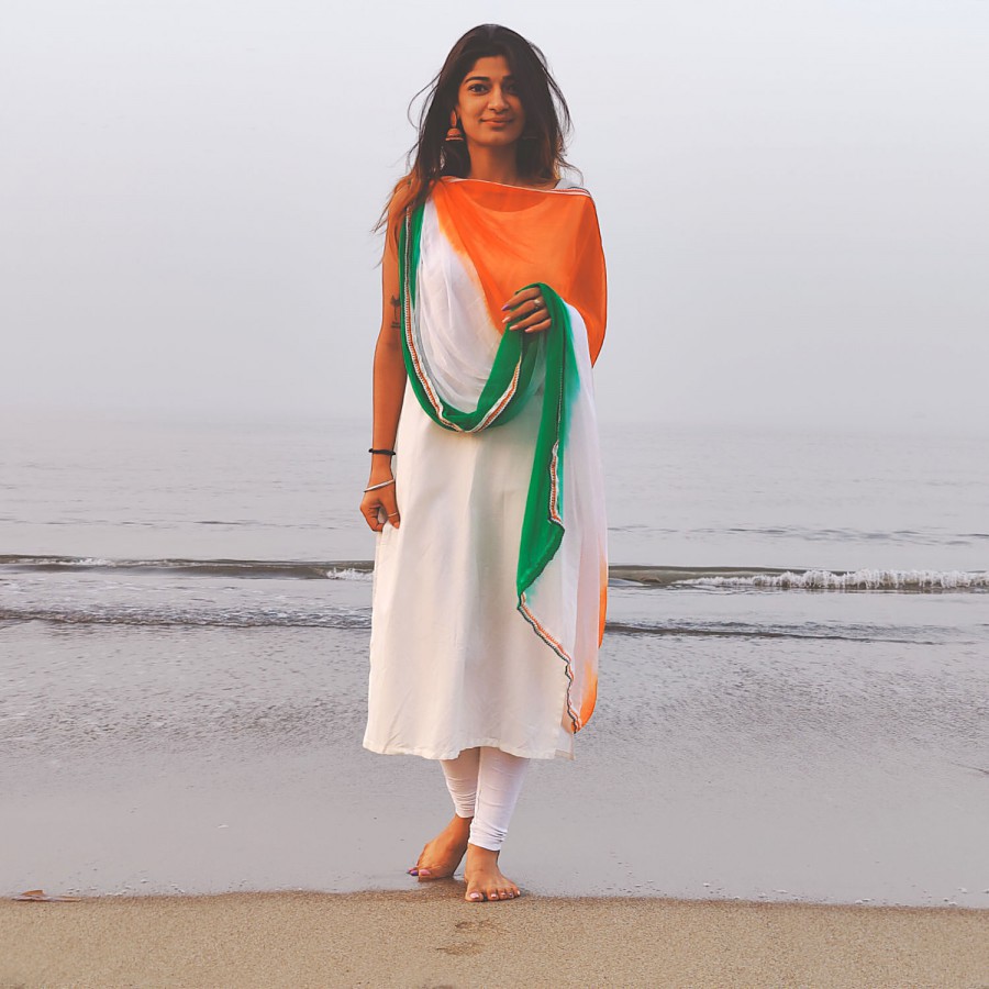 House of Festivals Tiranga Themed Chiffon Dupatta - With Tricolour Lace Work