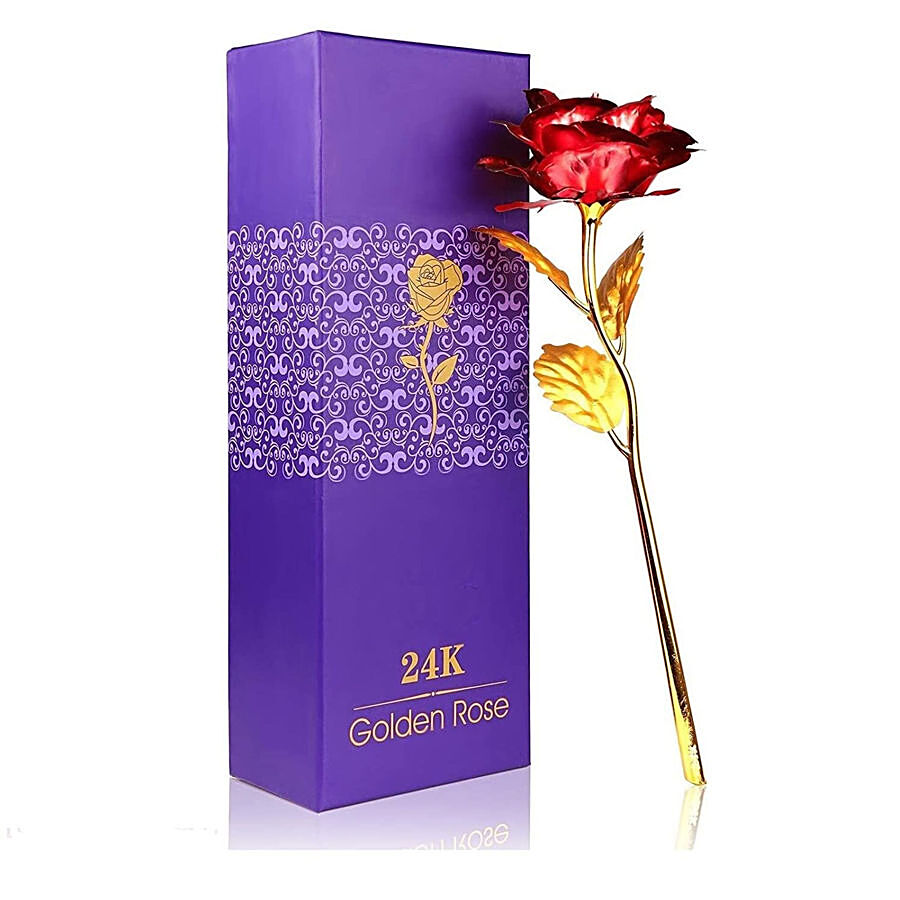 JBG Home Store Red Rose Flower Gift Box - With Golden Leaf & Stem