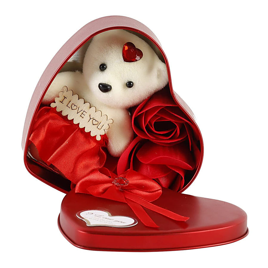 JBG Home Store Valentines Day Artificial Red Rose & Teddy Bear Combo - With Love Quote