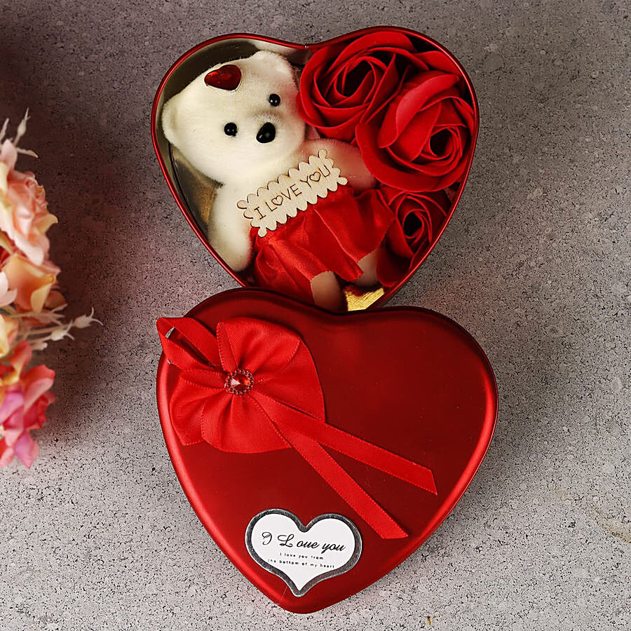 JBG Home Store Valentines Day Artificial Red Rose & Teddy Bear Combo - With Love Quote