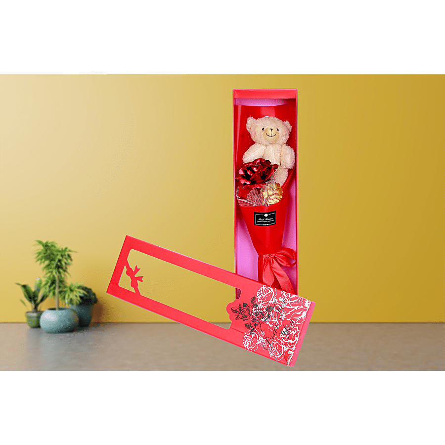 JBG Home Store Valentines Day Artificial Rose Flower Bouquet With Mini Teddy