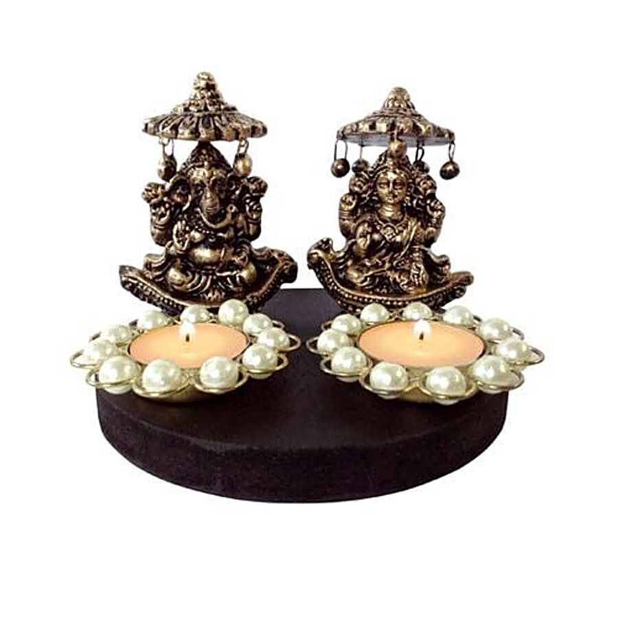 Unique Arts & Interiors Beautiful Ganesh-Laxmi with 2 Crystal Tea Light Holders