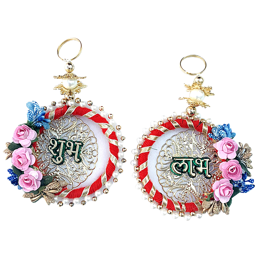 Unique Arts & Interiors Beautiful Round Metal Wall Hanging Shubh Labh - With Flower