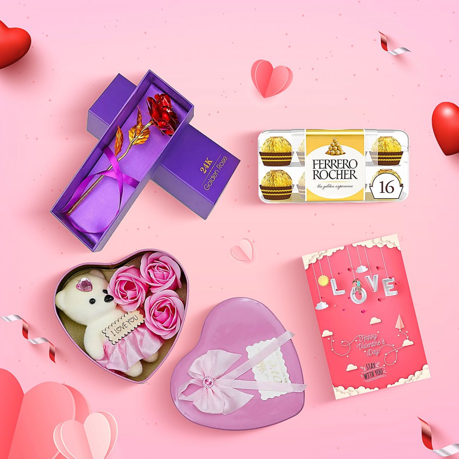 bb Combo Gift Box + Artificial Rose + Greeting Card+ Pink Artificial & Card+ Chocolate