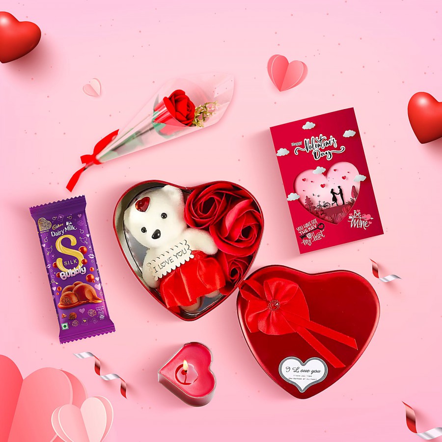 bb Combo Gift Box + Artificial Rose + GreetingCard + Rose/TeddyBear + Candles + Chocolate