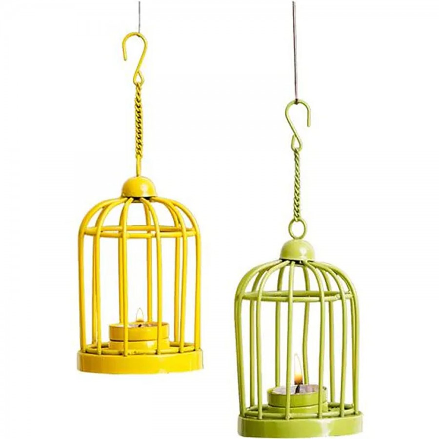 eCraftIndia Green & Yellow Iron Cage Shaped Tea Light Candle Holders With Hanging Chain