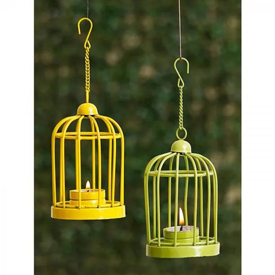 eCraftIndia Green & Yellow Iron Cage Shaped Tea Light Candle Holders With Hanging Chain