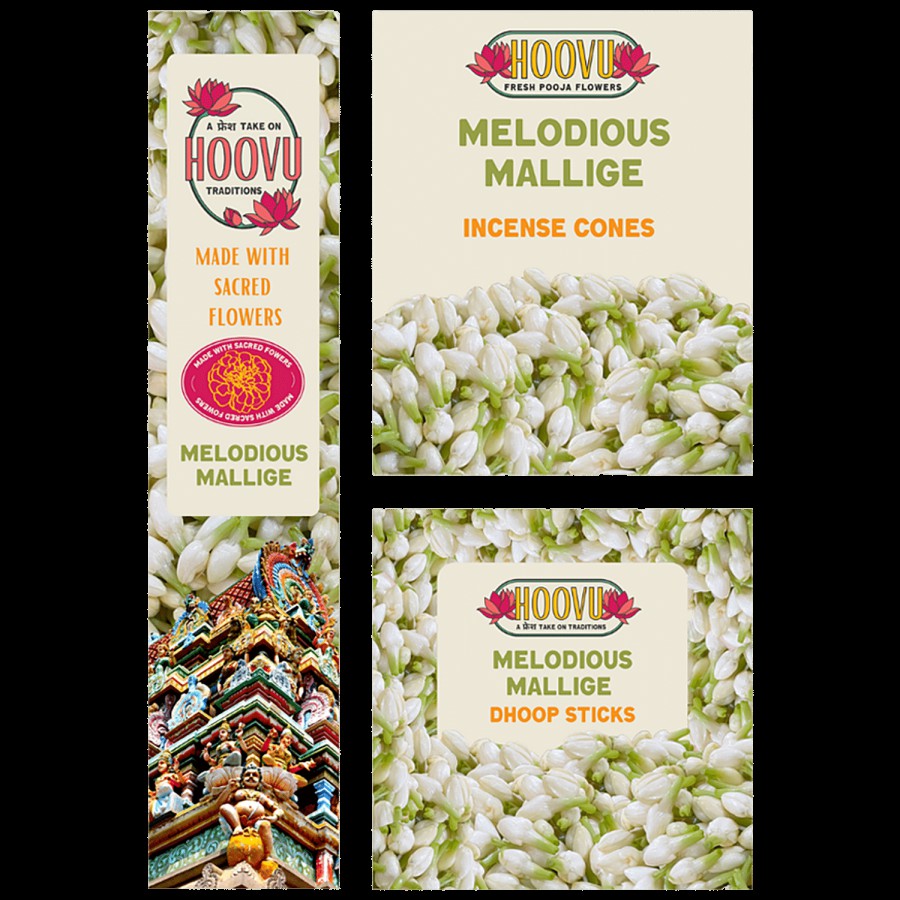 Hoovu Fresh Melodious Mallige/Jasmine Combo Pack - Agarbattis + Incense Cones + Dhoop Sticks