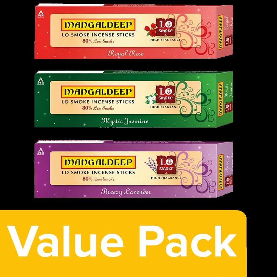 Mangaldeep Lo smoke incense sticks Royal Rose + Mystic Jasmine + Breezy Lavender each 50pcs