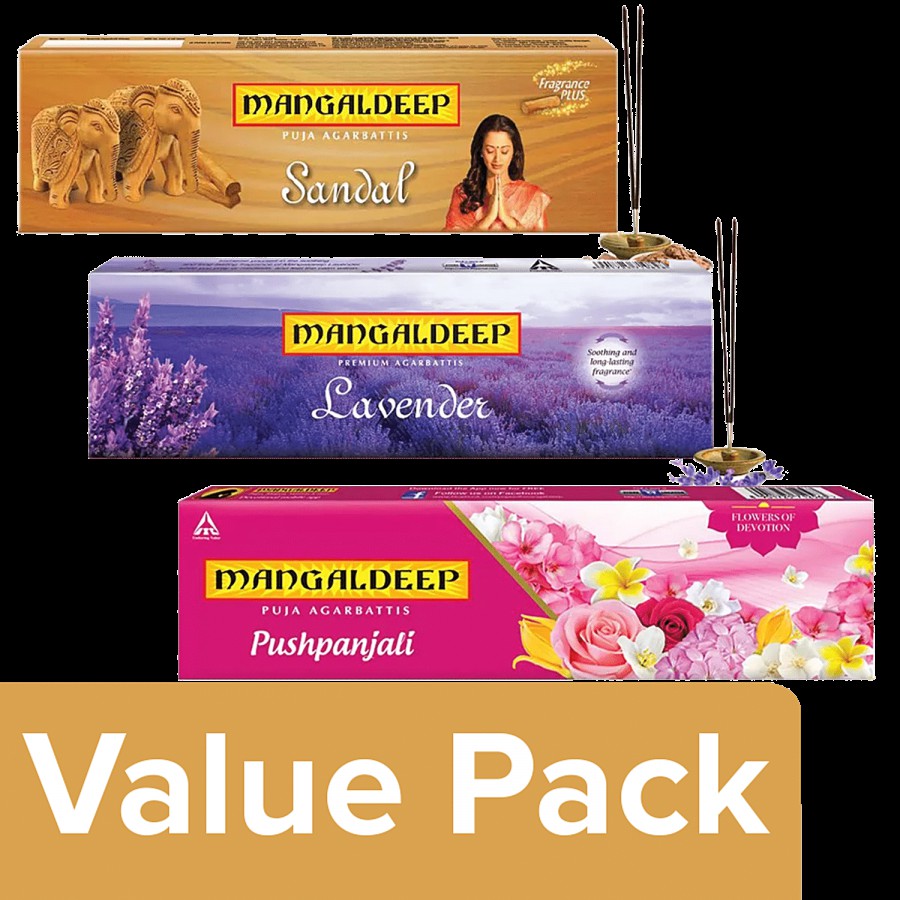 Mangaldeep Sandal + Pushpanjali Flowers of Devotion + Lavender Agarbatti