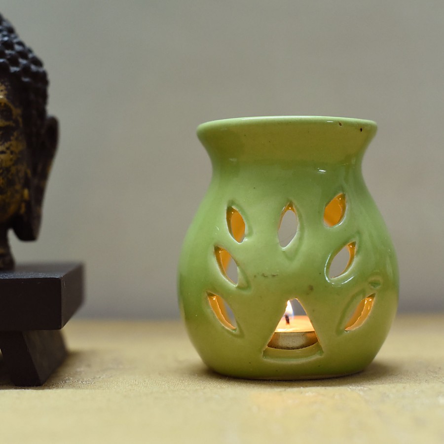 eCraftIndia Green Aroma Burner Set With Jasmine Aroma Oil & 4 Tea Light Candles