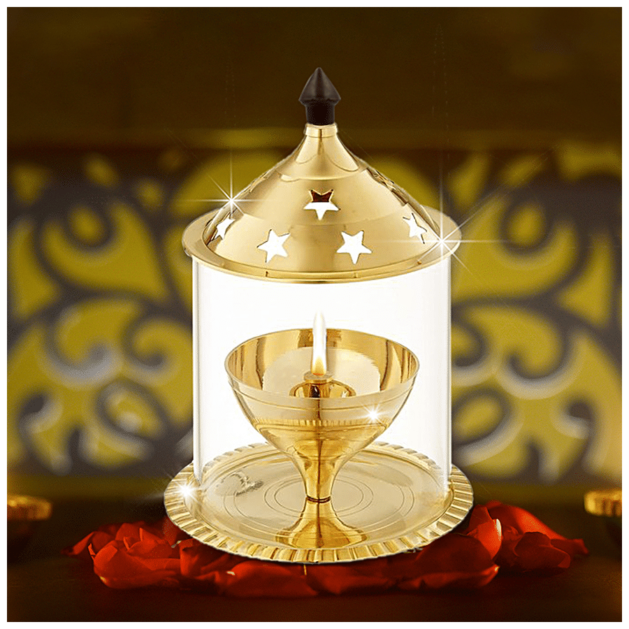 Shubhkart Nitya Brass Akhand Jyot Aaradhya Diya - With Borosilicate Glass