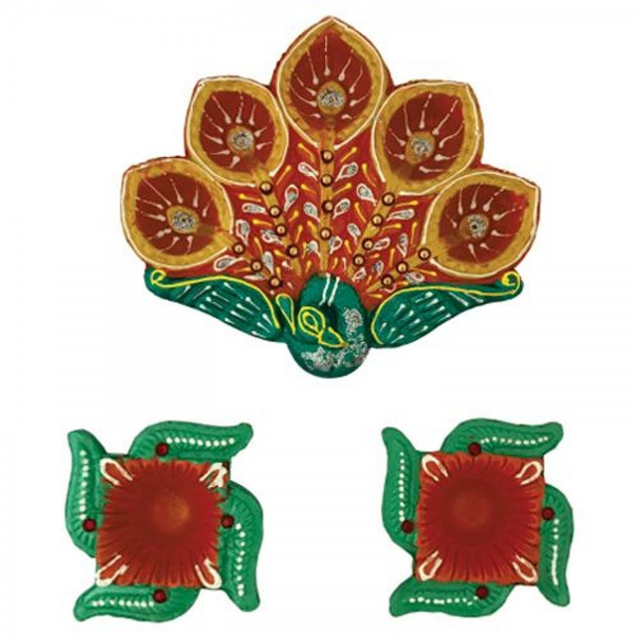 Om Bhakti Clay Diya & Batti Set - Peacock design