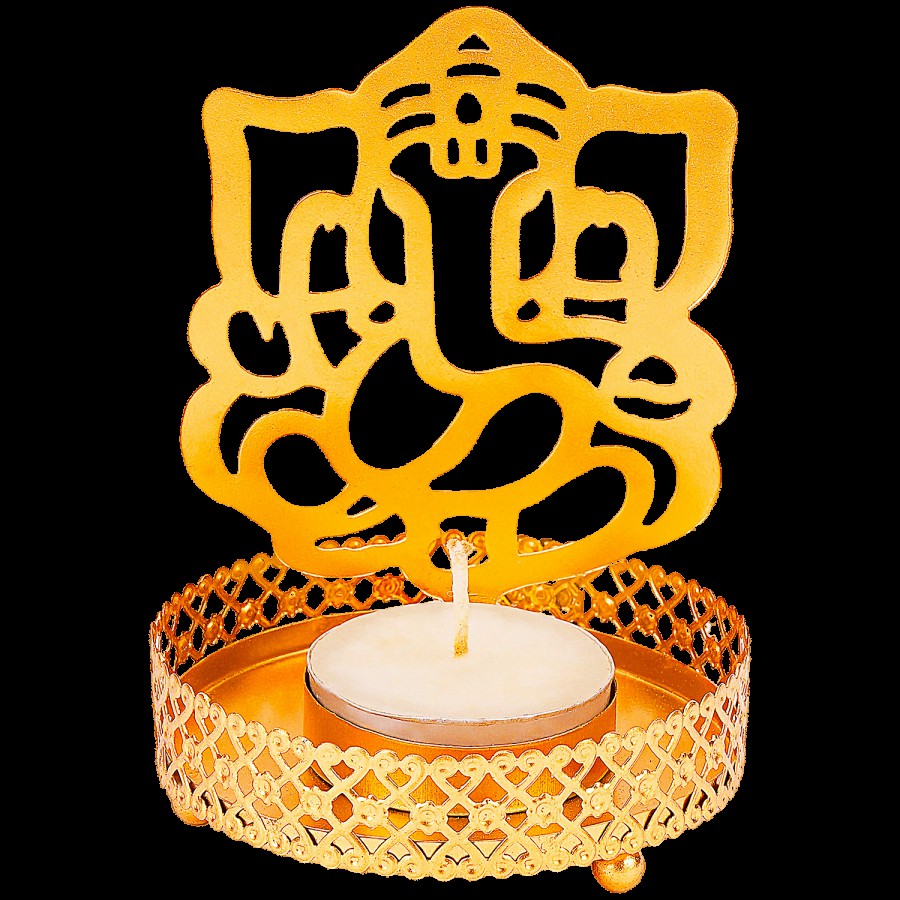 Prime-Metal Metal Shadow Ganesh Ji Tealight Candle Holder - Gold